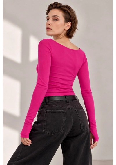 Bb Butik Basic Soft Touch Parmak Geçmeli Kayık Yaka Bluz Mdk35 Fuşya