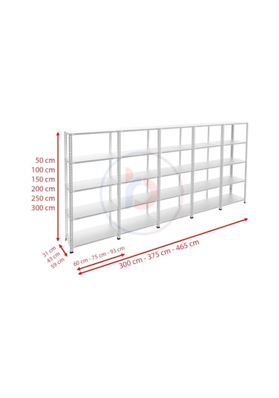 Raf Burada  5 Katlı 5'li Galvaniz Çelik Raf - Depo, Arşiv, Kiler, Dosya, Market Rafı-43x75 cm-150 cm-0.70 mm