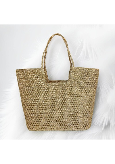 Embahandmade Metalik Altın El Örgüsü Plaj Çantası Şık Yazlık Omuz Tote Bag Gold