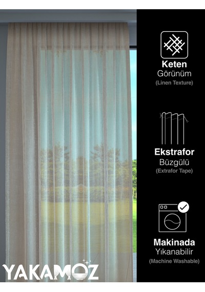 Bej Keten Görünümlü Ekstraforlu Tül Perde Linen Touch Serisi Bej