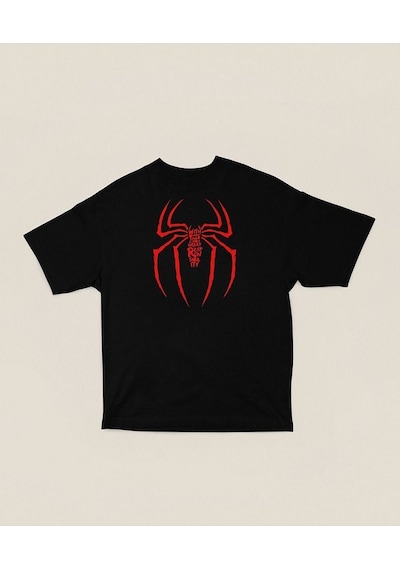 Havalı Spider-man Logo Baskılı Unisex Oversize Tişört Siyah