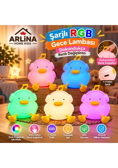 Sevimli Ördek Gece Lambası Rgb Renk Değiştiren Dokunmatik Silikon Bebek Çocuk Odası Şarjlı Led