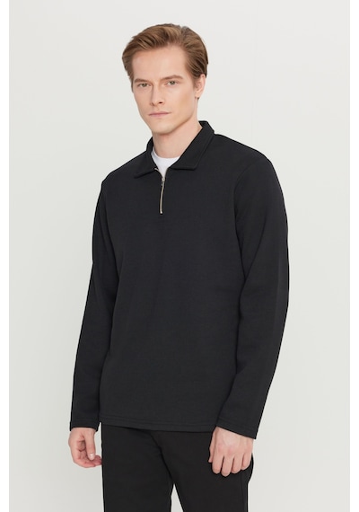 AC&Co / Altınyıldız Classics Erkek Sıyah Pamuklu Standart Fit Normal Kesim Polo Yaka Sweatshirt Siyah