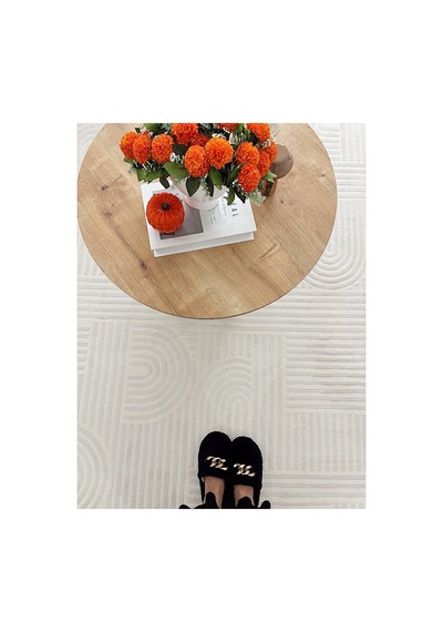 Alize Modern Geometrik Kabartmalı Krem Halı - Saçaklı İskandinav Tarzı Salon Oda Halısı Krem