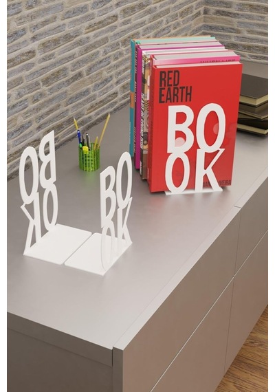Dekoratif Beyaz Book Yazı Tasarımlı Kitap Tutucu Desteği Metal Kitap Tutucu İkili Set Mk3b