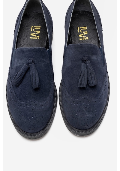 Luvishoes Alex Lacivert Süet Hakiki Deri Püsküllü Lastikli Kadın Loafer Ayakkabı Lacivert