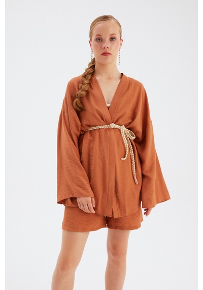 Sateen Kuşak Detaylı Salaş Kimono- Taba