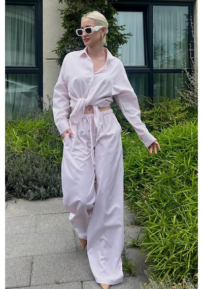 Madmext Pembe Uzun Kollu Çizgili Gömlek Pantolon İkili Takım Mg2124-pembe Pembe