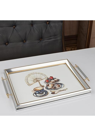 Gümüş Çerçeveli Çay Ve Tatlı Temalı Lüks Dikdörtgen Cam Tepsi - 44x30 Cm Diğer
