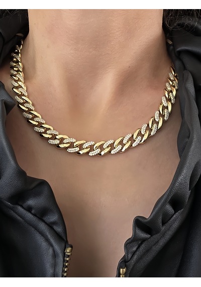 Eva Takı Store Xuping Küba Zinciri Cuban Lınk Hip Hop Rhinestone Set Gold