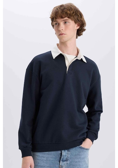 DeFacto Boxy Fit Polo Yaka Basic Düz Sweatshirt E6523AX24WNNV82 Lacivert
