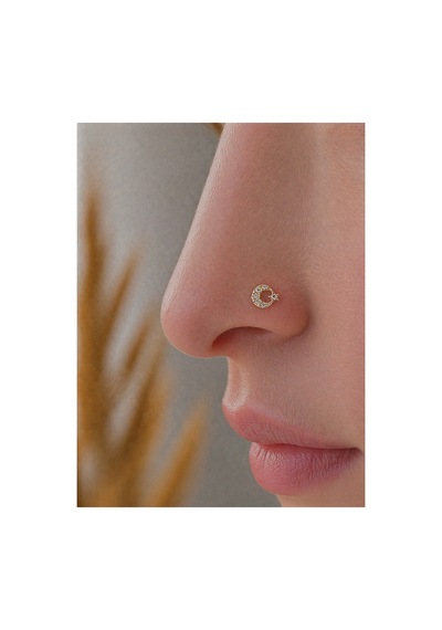 Altın Taşlı Ay Yıldız Figür Geçmeli Hızma Burun Piercing 14 Ayar