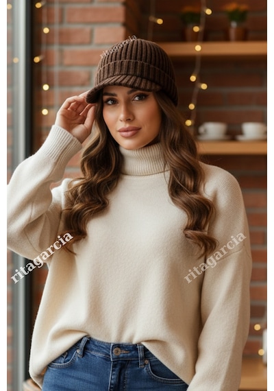 Ritagarcia Premium Soft Örgü Şapka / Bere - Siperli Kışlık Cap Şapka Kahverengi