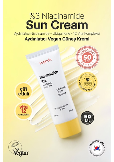 Yeppda %3 Niacinamide İçeren Aydınlatıcı Vegan Güneş Kremi Yeppda Niacinamide Sun Cream SPF50+ PA++++ 50ml