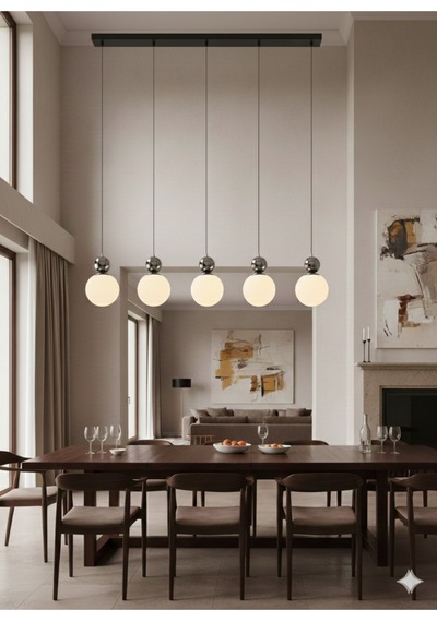 Mylights Ada Mutfak Masa Üstü 120 Cm Modern 6 Lı Mat Opal Beyaz Cam Sarkıt E27 Krom Detaylı Krom