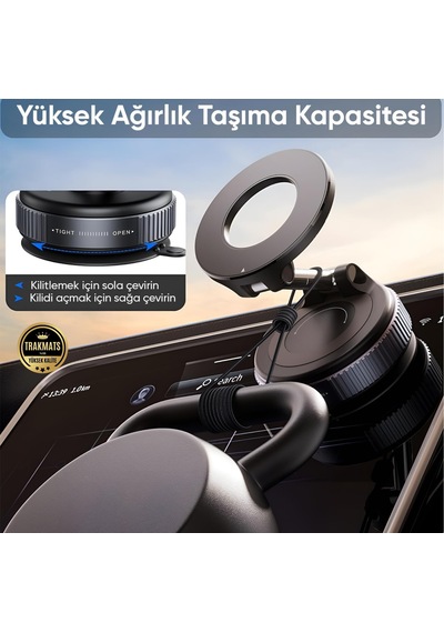 Dacia Sandero 2007-2008-2009-2010-2011-2012 Oto Telefon Tutucu, Güçlü Neomidyum Mıknatıslı, Kilitlenen Vakum Teknolojisi Siyah