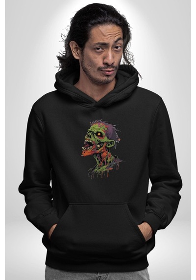 Zombi Kafası Kadın Erkek Siyah Kapüşonlu Sweatshirt Hoodie Siyah