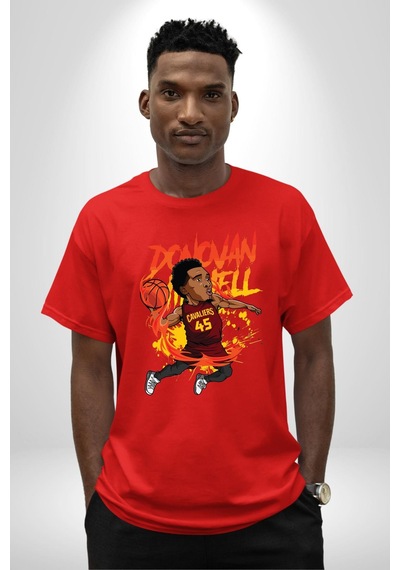 Donovan Mitchell Basketbol Karikatür Pamuklu Bisiklet Yaka Unisex Oversize Boyfriend Dijital Baskılı Kırmızı T-shirt Kırmızı