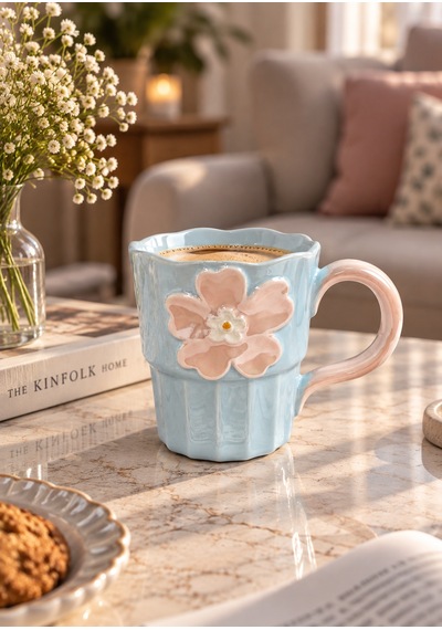 Petal Lüsterli Mavi Porselen Kupa 360 Ml-7754 Çok Renkli