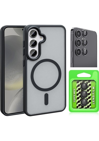Vendas Galaxy Uyumlu S24 Fe Kılıf M-safe Şarj Özellikli Mat Arka Yüzey Zore Sio Kapak + Kamera Lens Koruyucu Siyah