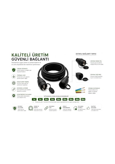 Evden Elektrikli Araba Şarj Uzatma Kablosu Topraklı%100 Bakır 3x2.5mm Siyah, 20 Metre 0.1 M