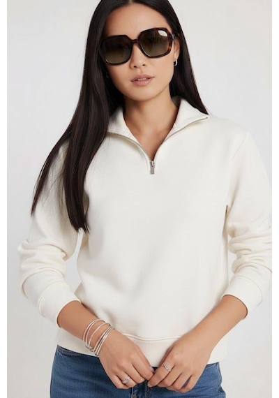 Afri Kadın 3 İplik Şardonlu Yarım Fermuarlı Krem Sweatshirt İçi Pamuklu Kalın Kumaş, Tam Kalıp Rahat Model Krem