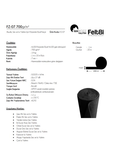 İzobozz&feltbi 7mm 700 Gr/m2 Isı Ve Ses Yalıtımı Polyester Elyaf Keçe