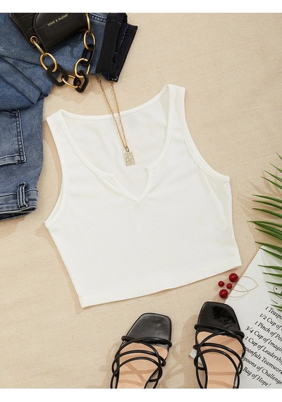Liona V Yaka Beyaz Renk Fitilli Crop Top Bluz