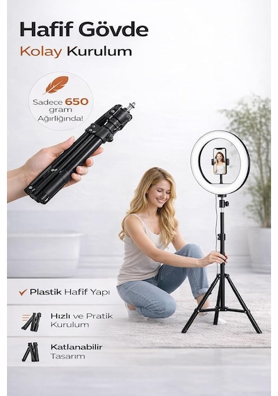 Universal Girişli Ring Light Tripodu 2.1 Metre Ayarlanabilir Işık Standı Katlanabilir Hafif T Altın