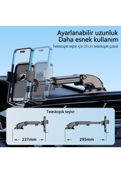 Klasik Emici Askılı Araç Telefon Tutucusu 25cm Uzayan 60x Nano Emiş 360 Dönebilen 5.8-9cm Genişlik 15.5x7.3x11.3cm