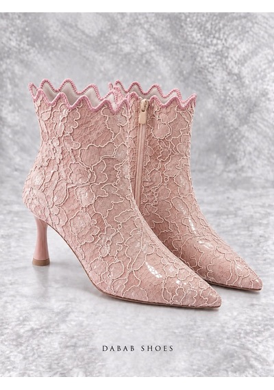 Dabab Shoes Mona Kadın Pudra Dantel İşlemeli Sivri Burun Sıcak Astarlı Fermuarlı 7 Cm İnce Topuklu Bot Bootie