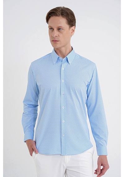 Slim Fit Yaka Düğmeli Baskılı Pamuklu Mavi Gömlek G 1605