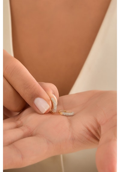Moom Mücevherat Kadın 14 Ayar Altın Küpe Minimalist Zirkon Taşlı Modern Halka Altın Küpe 12 Mm-Mm20033