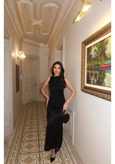 Kechi Woman Leopar Desenli Uzun Saten Elbise Siyah