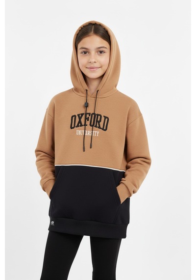 Kapşonlu Oxford Baskılı Kanguru Cepli Kız Çocuk Sweatshirt-90863 Kahverengi