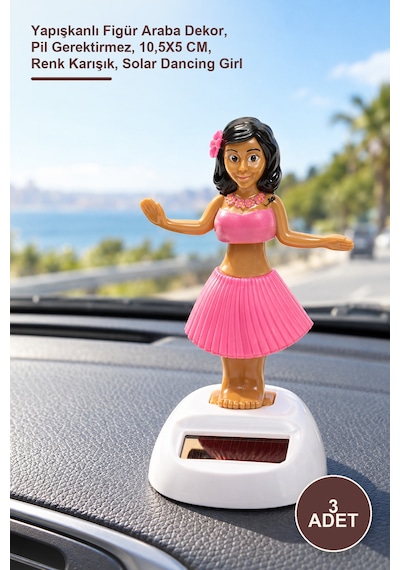 3 Adet Güneş Enerjili Solar Dans Eden Kız Yapışkanlı Figür Araba Dekor, Pil Gerektirmez, 10,5x5 Cm, Renk Karışık, Solar Dancing Girl