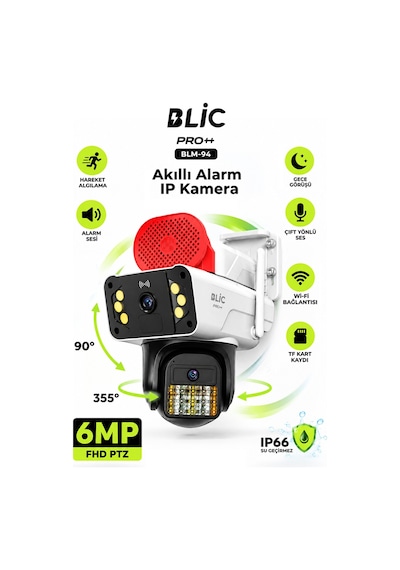 Blic Pro++ Blm-94 6 Mp Çift Lensli Wi-fi Ptz Dış Mekân Ip Güvenlik Kamerası Beyaz, Ip66, Sirenli Ve