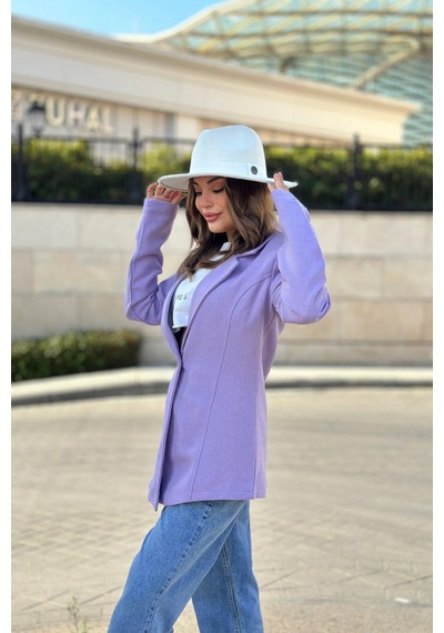 Kadın Lila Astarlı, Tek Düğme, Vucüda Oturan Kalıp, Fitilli Kaşe Kumaş Blazer Ceket Lila