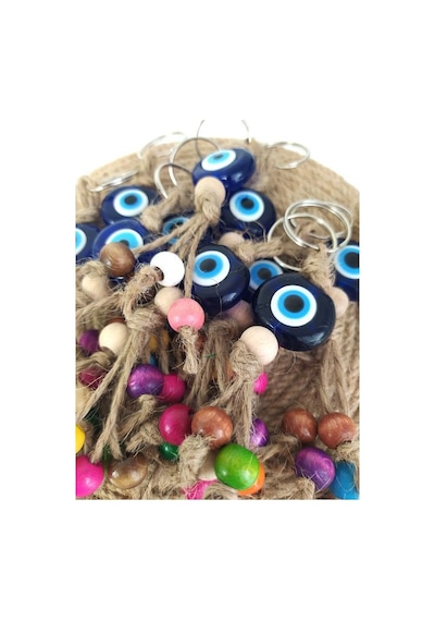 10 Adet Anahtarlık Kötü Göz Kovucu Nazar Hand Made Hasır Renkli Ahşap Boncuklu Nazarlık Çanta Araba Süsü