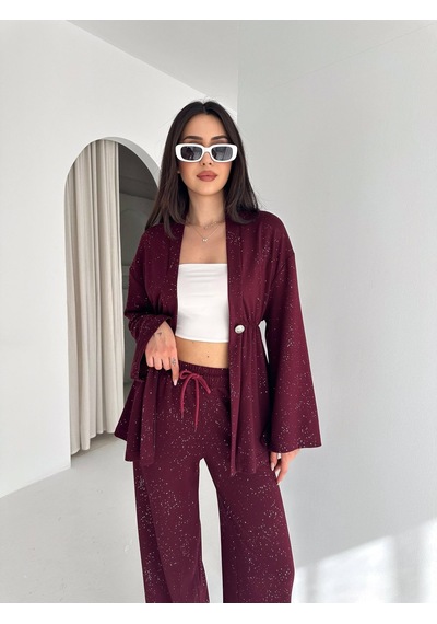Kadın Simli Uzun Kol Modal Kumaş Kimono Pantolon İkili Takım Şık Ve Rahat Kadın Takım Bordo Kadın Simli Uzun Kol Modal Kumaş Kimono Pantolon İkili Takım Şık Ve Rahat Kadın Takım Bordo