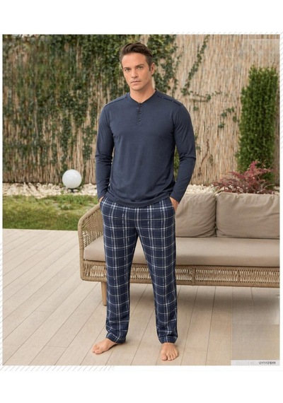 Pijamoni Erkek Düğme Yaka Uzun Kol Mevsimlik Pijama Takımı 6810/22 - 1 Adet Lacivert