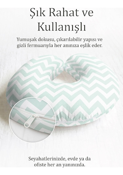 Zigzag Mint Desenli Pamuklu Boyun Yastığı - Modern Pastel Yeşil Beyaz Yumuşak Seyahat Yastığı Soft Kumlu Kireçtaşı