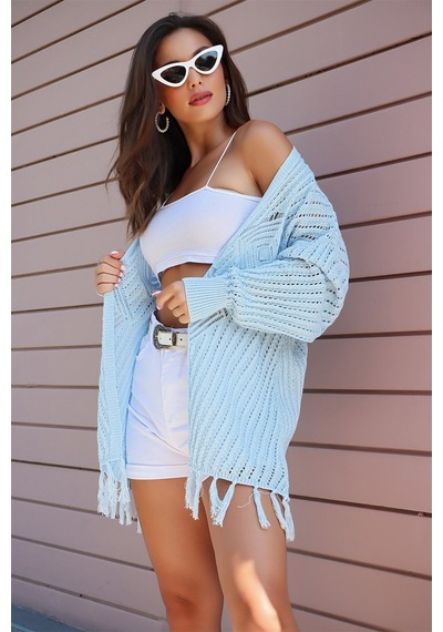 Aqe Fashion Motif Detaylı Eteği Püsküllü Hırka Bebe Mavisi Bebe Mavi