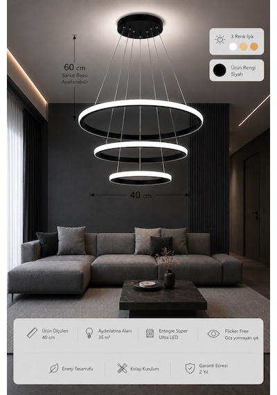 Rizon 3 Lü Led Sarkıt Avize 3 Renk Kumandalı Siyah