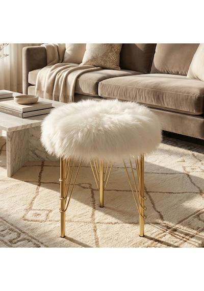 Beyaz Peluş Puf Tabure, Gold Renk Metal Ayaklı Yumuşak Oturma Pufu 38x37 Cm - Yatak Odası, Salon Pufu Beyaz