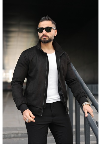 Baselco Dik Yaka Slim Fit Mevsimlik Astarlı Süet Ceket Siyah