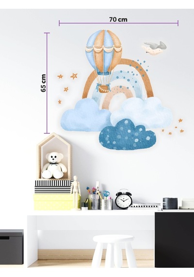 MSticker Sevimli Bulutlar Gökkuşağı Ve Uçan Balon Mavi Çocuk Odası Sticker