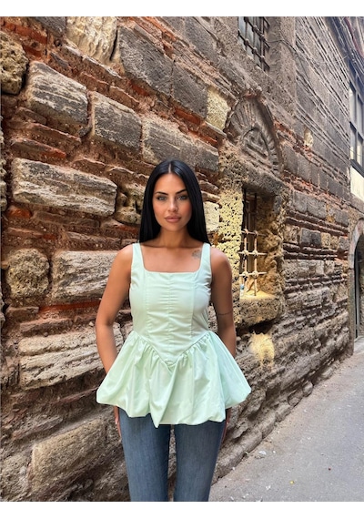WeShaya Mint Pamuk Polyester Kare Yaka Bluz Mint