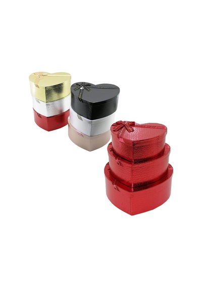 Ers 3pcs Kalp Parlak Mix Renkli - Kabartma Desen Karton Hediye Kutusu Kurdelalı 31x28-27x24-23x20cm