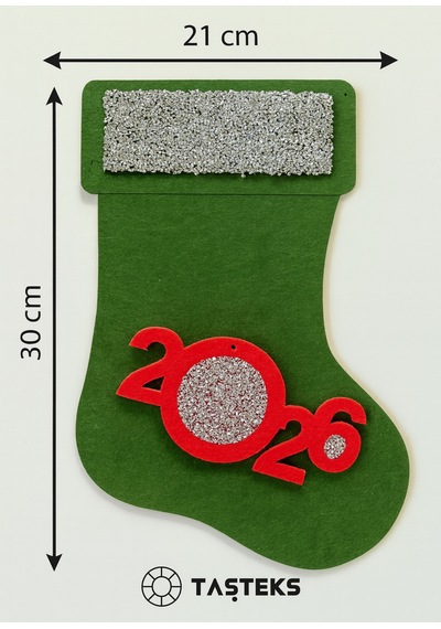 2026 Yılbaşı Çorap Kapı Süsü Keçe, Gümüş Taşlı Yeşil